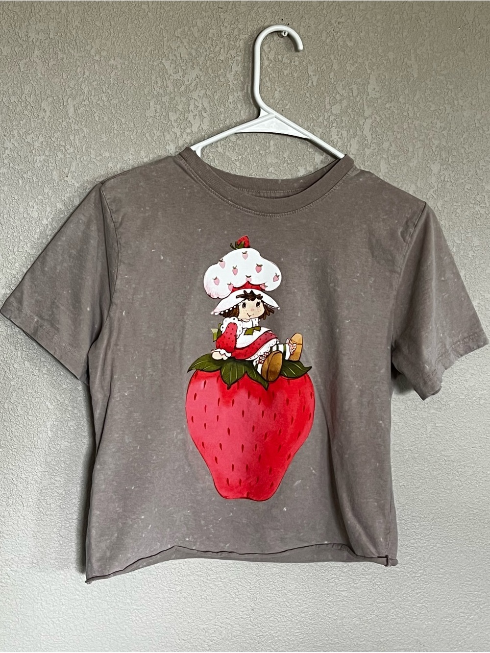 Vintage-Vibe Strawberry Shortcake Cropped Graphic Tee - Brown Acid Wash